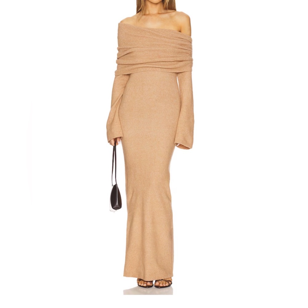 SEROYA Maya Tan Off-Shoulder Sweater Dress
